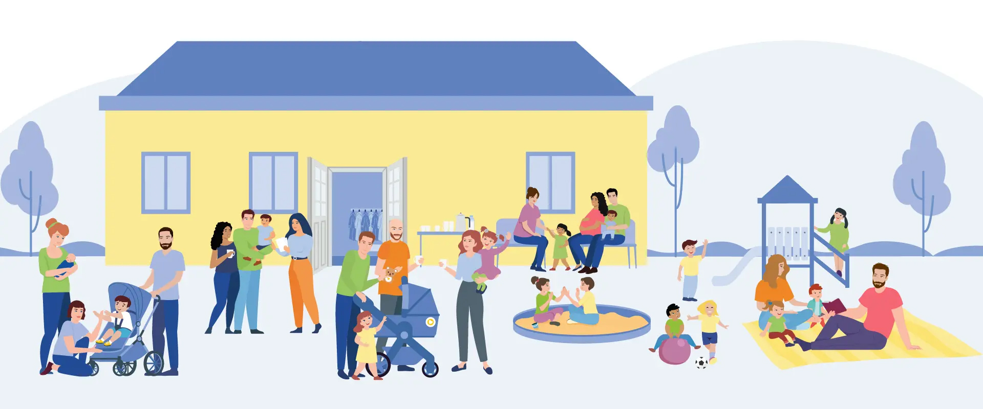 Illustration: Vor einem gelben Gebäude mit geöffneter Tür spielen und unterhalten sich viele Familien mit kleinen Kindern.
