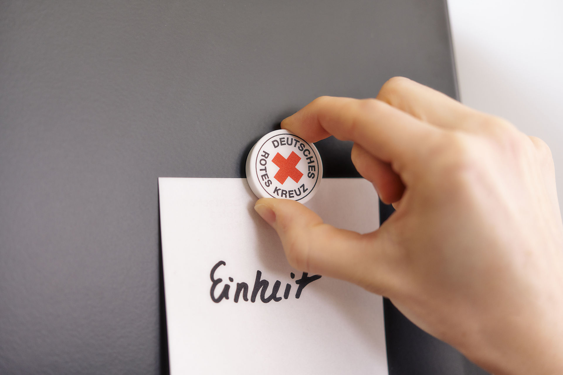 Symbolfoto Magnet mit DRK - Logo befestigt Zettel mit dem Schriftzug Grundsatz ‚Einheit‘ auf einer Tafel - 2021