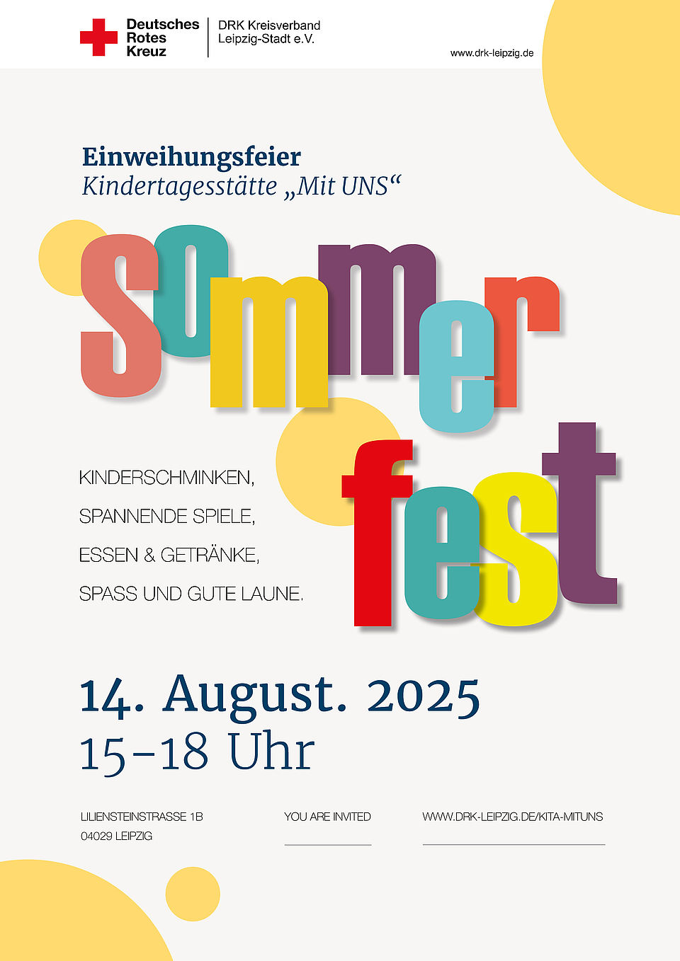 Plakat Sommerfest in der DRK Kita mit Uns in der Liliensteinstraße 1b in Grünau am 14.August2025