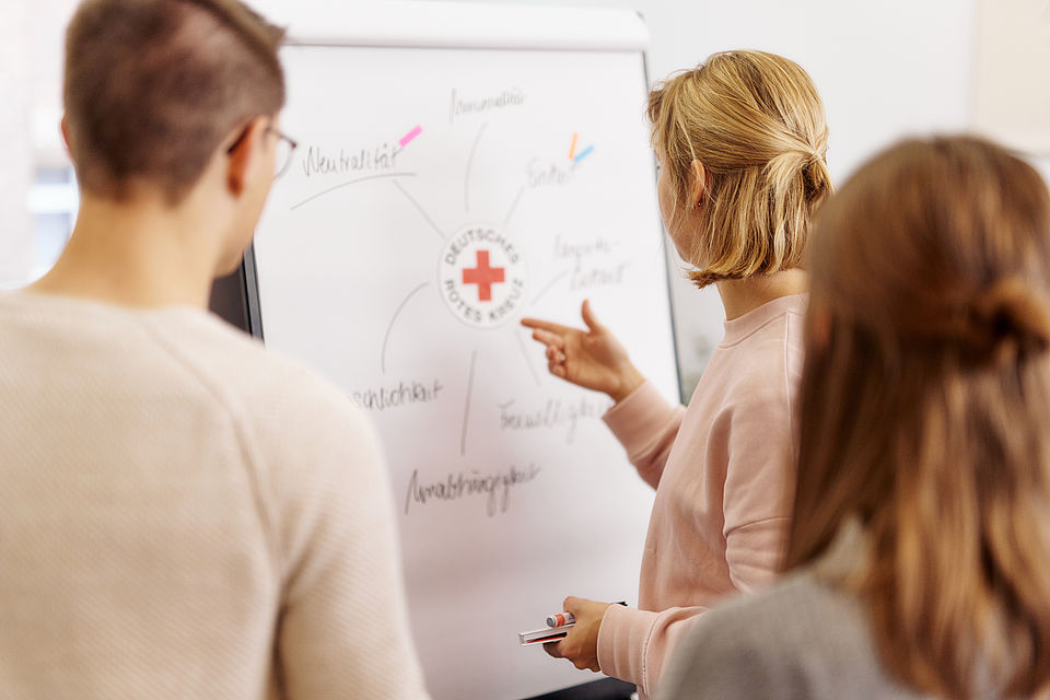 3 junge Menschen stehen vor einem Flip Chart mit den Grundsätzen des DRK